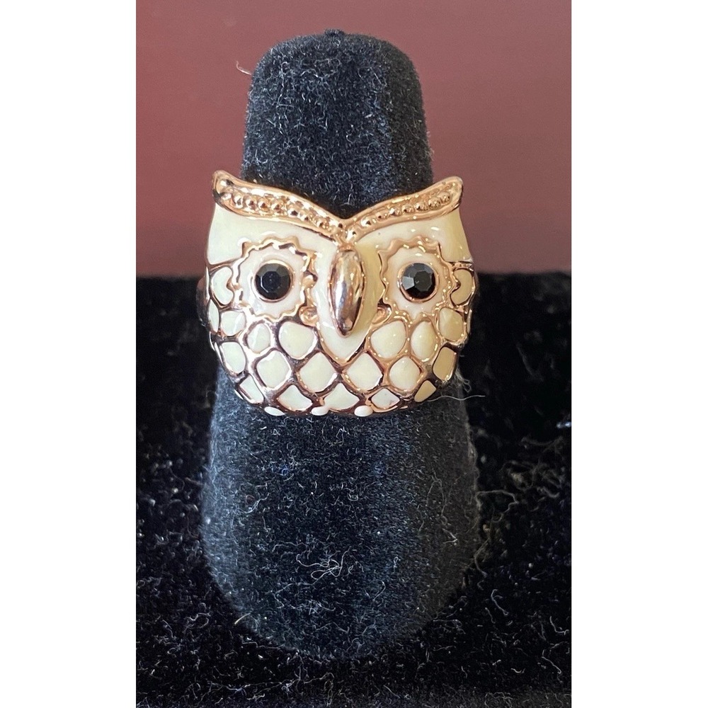 Gold Tone Cream Enamel Owl Ring Size 6 Vintage Boho - Picture 4 of 4